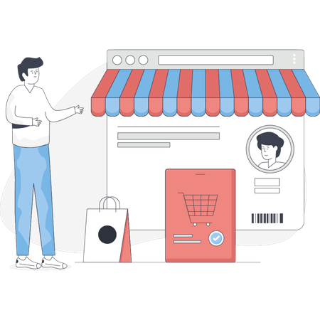 Homme faisant du shopping sur une place de marché en ligne  Illustration