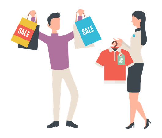 Homme faisant du shopping pendant les soldes  Illustration