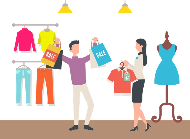 Homme faisant du shopping pendant la vente au magasin  Illustration