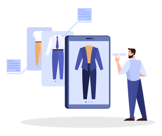 Homme faisant du shopping via une application de commerce électronique  Illustration