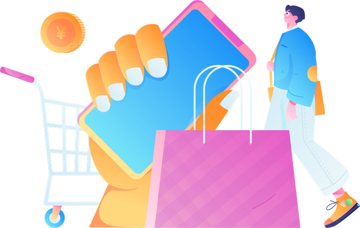 Homme faisant du shopping via une application mobile  Illustration