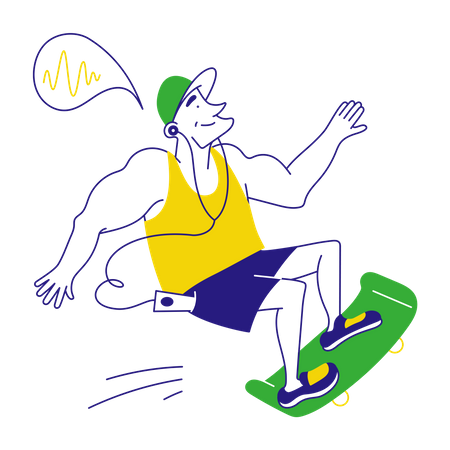 Homme faisant du skateboard et écoutant un podcast  Illustration