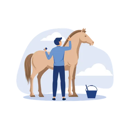 Homme prenant soin d'un cheval  Illustration