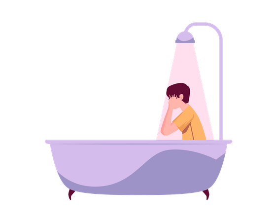 Homme déprimé solitaire assis dans la baignoire  Illustration