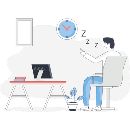 Un homme somnole à son bureau avec une horloge visible sur le mur derrière lui  Illustration