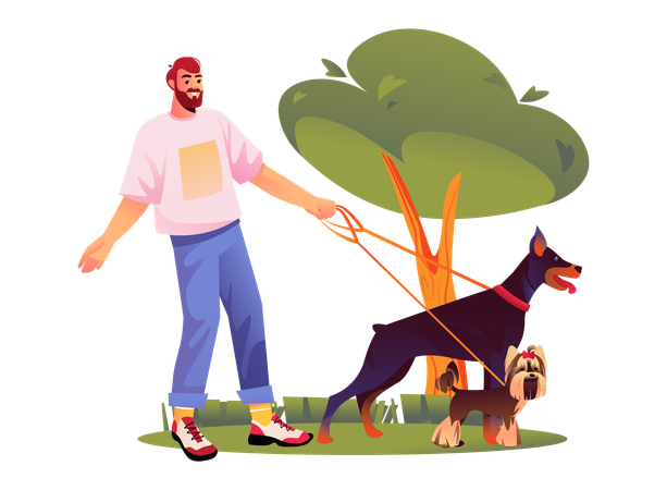 Homme sortant avec des chiens  Illustration