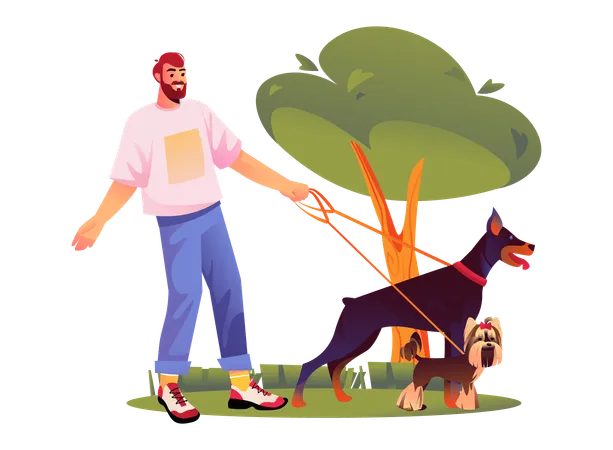 Homme sortant avec des chiens  Illustration