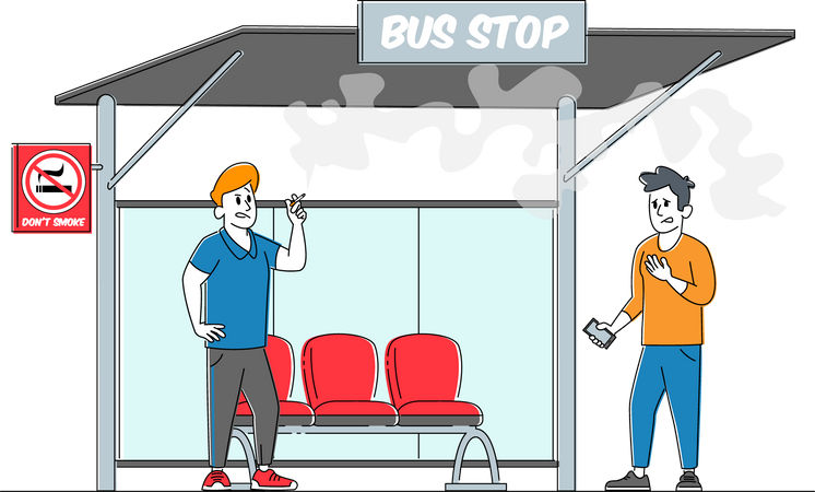 Un homme souffre de fumée près d'un panneau interdit et un fumeur avec une cigarette à l'arrêt de bus  Illustration