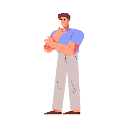 Un homme souffrant se gratte la peau de la main  Illustration
