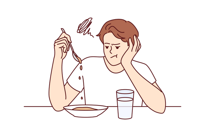 L'homme souffre d'un manque d'appétit assis à table dans la cuisine et ne veut pas prendre de petit-déjeuner  Illustration