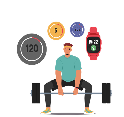 Un homme soulève des poids tout en surveillant ses paramètres de condition physique à l'aide d'une montre connectée  Illustration