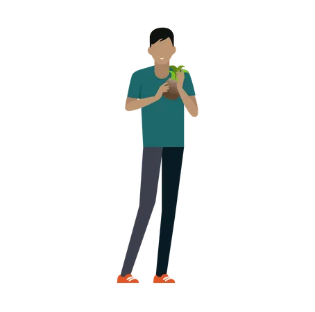 Homme souriant avec ananas dans les mains debout  Illustration