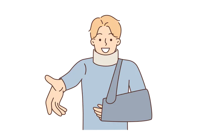 Homme souriant avec bras cassé et bandage autour du cou  Illustration