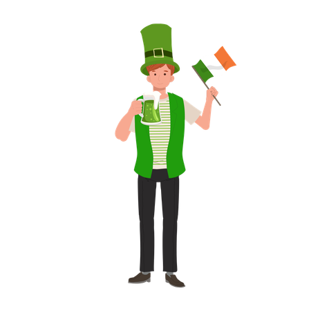 Homme souriant avec de la bière verte et un drapeau  Illustration