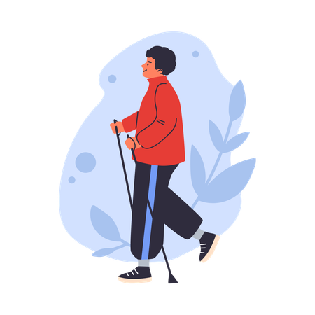 Homme souriant avec des bâtons de marche nordique  Illustration