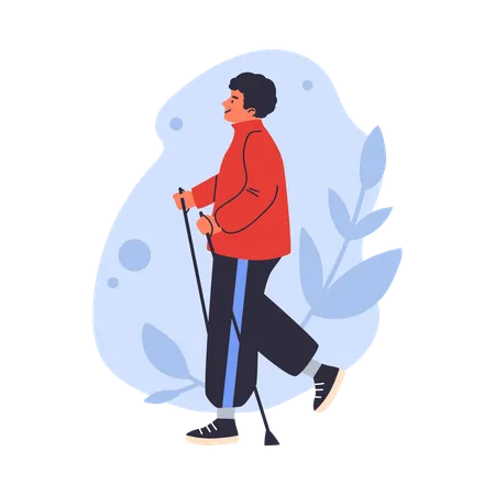 Homme souriant avec des bâtons de marche nordique  Illustration