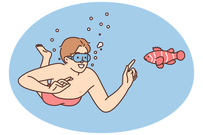 Un homme souriant portant des lunettes de natation nage sous l'eau  Illustration