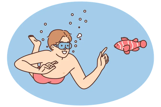 Un homme souriant portant des lunettes de natation nage sous l'eau  Illustration