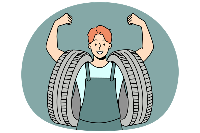 Homme souriant avec des pneus sur les bras  Illustration