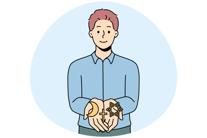 Homme souriant avec différents symboles religieux  Illustration