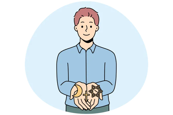 Homme souriant avec différents symboles religieux  Illustration
