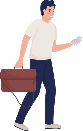 Homme souriant avec sac à main en cuir et smartphone  Illustration