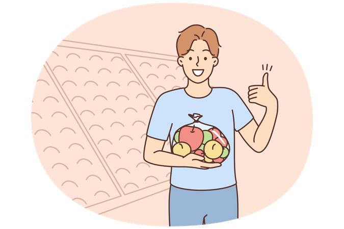 Homme souriant avec un sac de pommes dans un supermarché  Illustration