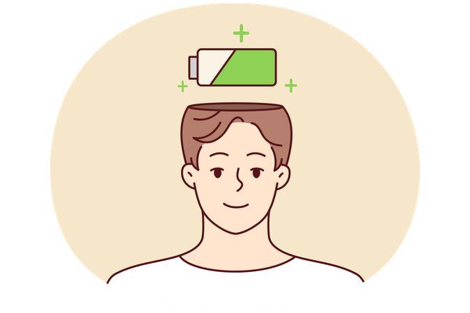 Homme souriant avec une batterie au-dessus de la tête  Illustration