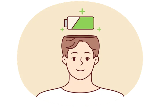 Homme souriant avec une batterie au-dessus de la tête  Illustration