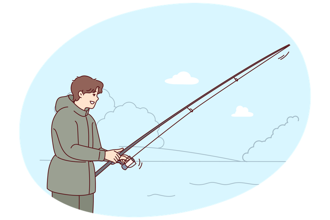 Homme souriant avec une canne à pêche à l'extérieur  Illustration