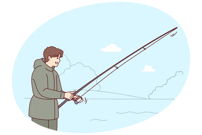 Homme souriant avec une canne à pêche à l'extérieur  Illustration