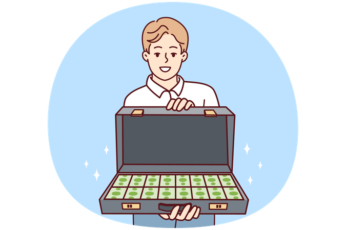 Homme souriant avec une mallette pleine d'argent  Illustration