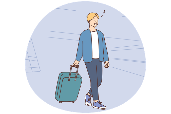 Un homme souriant avec une valise marchant dans l'aéroport prêt à voyager.  Illustration