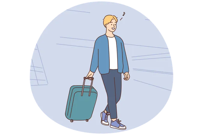 Un homme souriant avec une valise marchant dans l'aéroport prêt à voyager.  Illustration