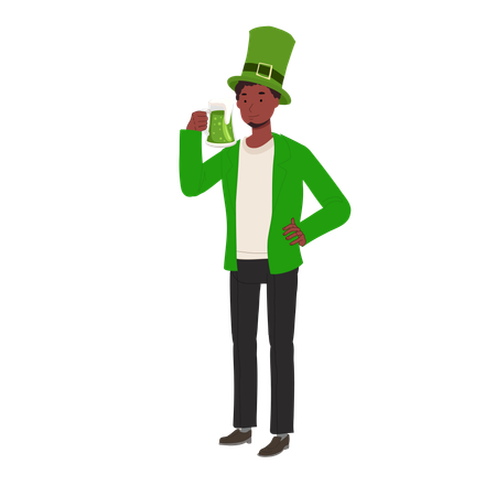 Homme souriant, boire de la bière verte  Illustration