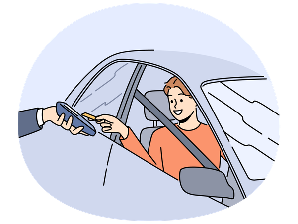 Un homme souriant dans une voiture paie avec une carte sur le terminal  Illustration