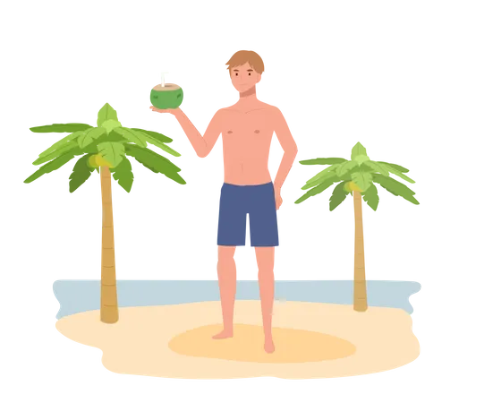 Homme souriant en maillot de bain tout en tenant la noix de coco  Illustration