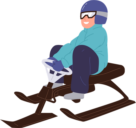 Homme souriant en tenue de sécurité et casque faisant du scooter des neiges avec volant  Illustration