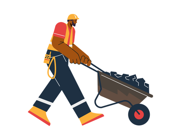Homme souriant en uniforme avec casque et gilet jaune poussant un chariot de chantier  Illustration