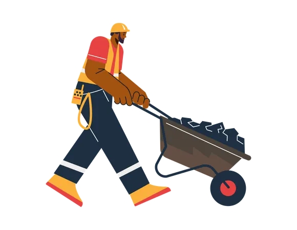 Homme souriant en uniforme avec casque et gilet jaune poussant un chariot de chantier  Illustration