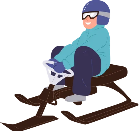 Homme souriant en tenue de sécurité et casque faisant du scooter des neiges avec volant  Illustration