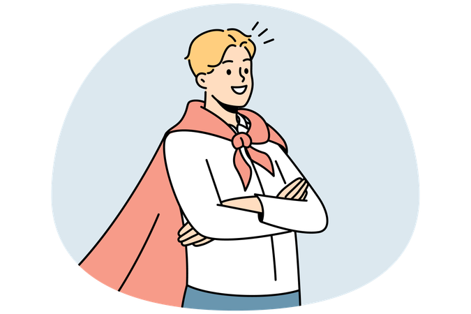 Homme souriant et motivé portant un manteau de Superman satisfait de sa réussite  Illustration