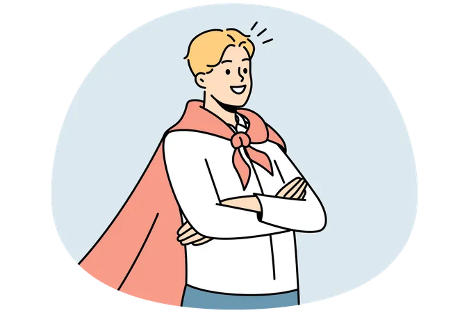 Homme souriant et motivé portant un manteau de Superman satisfait de sa réussite  Illustration
