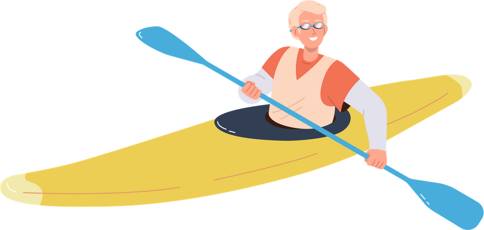 Heureux homme souriant faisant du kayak assis dans un bateau pagayant  Illustration