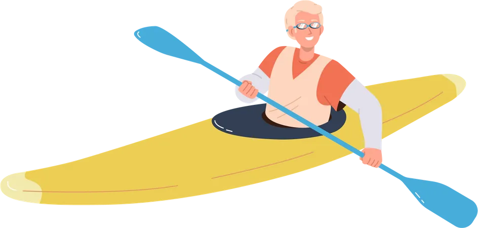 Heureux homme souriant faisant du kayak assis dans un bateau pagayant  Illustration