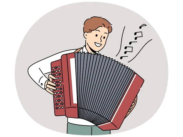 Un homme souriant joue de l'accordéon  Illustration