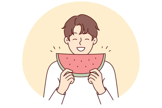Homme souriant mangeant de la pastèque  Illustration