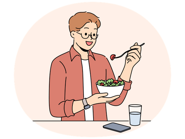 Un homme souriant mange une salade et boit de l'eau  Illustration