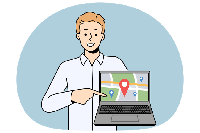 Un homme souriant montre un traceur GPS sur une carte sur un ordinateur  Illustration