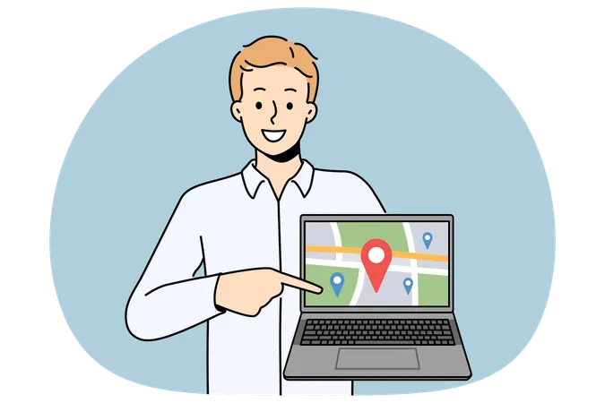 Un homme souriant montre un traceur GPS sur une carte sur un ordinateur  Illustration
